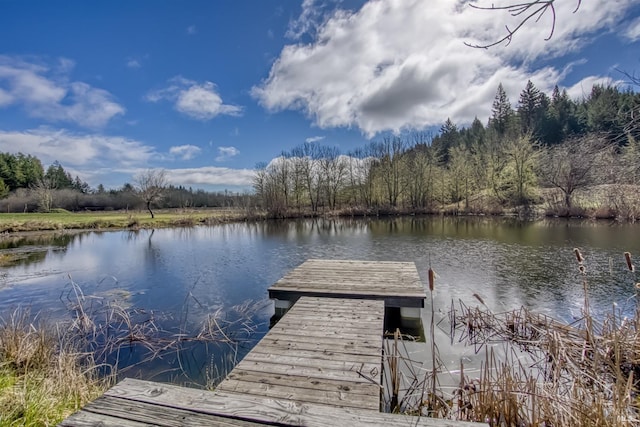 view of dock with a water view and a wooded view