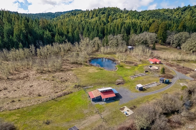 birds eye view of property with a water view and a wooded view