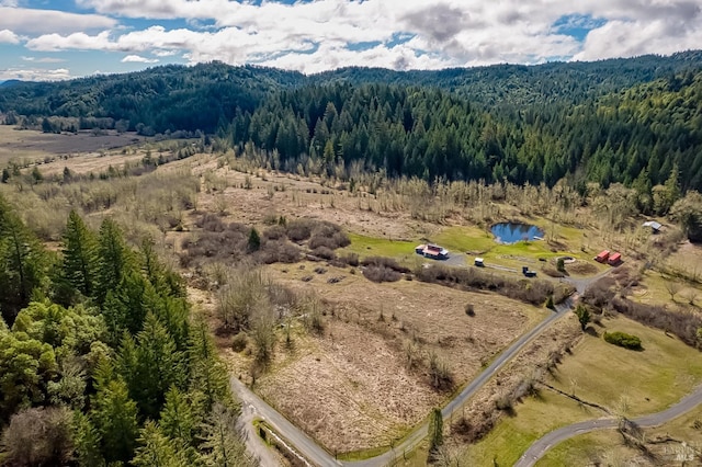 birds eye view of property featuring a forest view