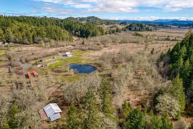 birds eye view of property with a water and mountain view and a wooded view