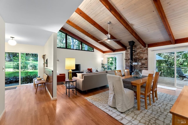 dining area featuring beam ceiling, a wood stove, plenty of natural light, and light wood finished floors