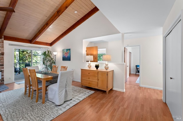 dining area with vaulted ceiling with beams, light wood finished floors, wood ceiling, and baseboards