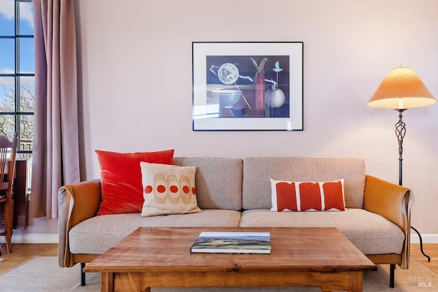 living area featuring baseboards and wood finished floors