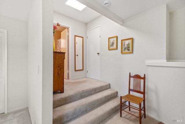 hallway featuring a skylight, beam ceiling, and light carpet