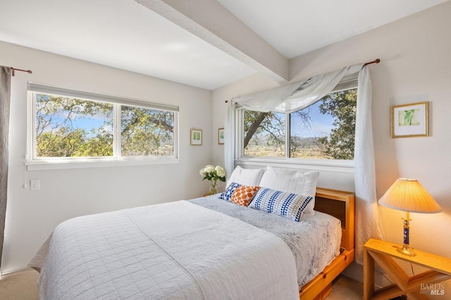 bedroom with multiple windows and beamed ceiling