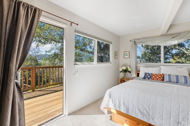 bedroom with carpet floors, access to exterior, and multiple windows