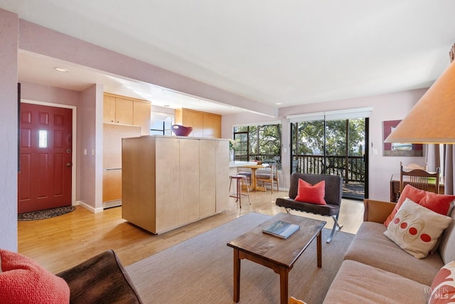 living area featuring light wood finished floors and baseboards