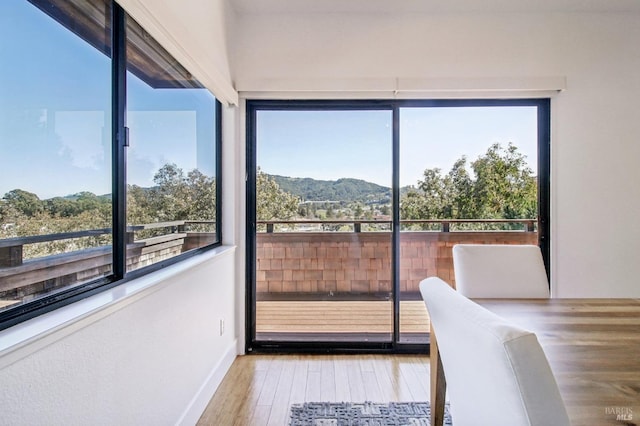 interior space with a mountain view