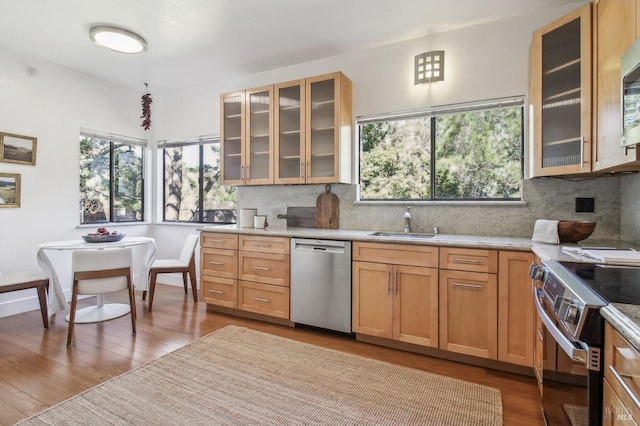 kitchen featuring light wood-style flooring, glass insert cabinets, backsplash, stainless steel appliances, and a sink