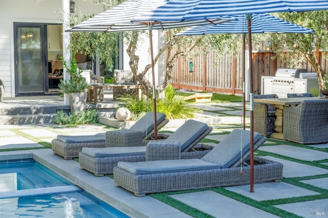 view of patio / terrace with fence, an outdoor living space, and a fenced in pool