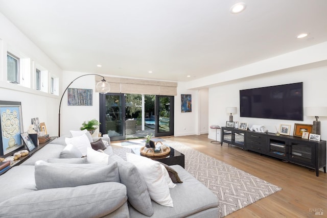 living area with wood finished floors and recessed lighting