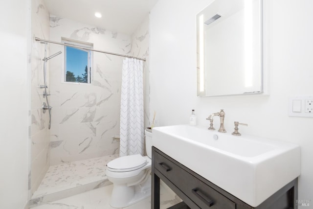 bathroom featuring toilet, marble finish floor, a shower stall, and visible vents