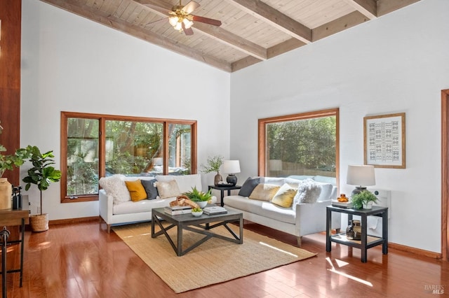 living area featuring wooden ceiling, wood finished floors, beam ceiling, and baseboards