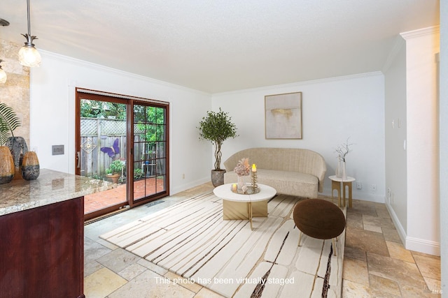 living area featuring stone tile floors, ornamental molding, and baseboards