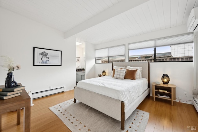 bedroom featuring beam ceiling, a wall mounted air conditioner, baseboard heating, and wood finished floors