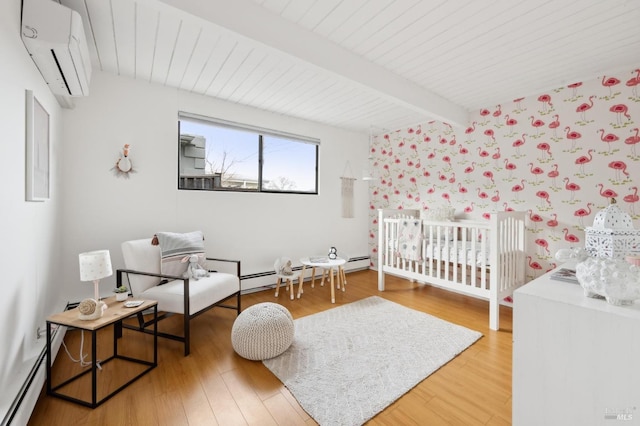 bedroom featuring wood ceiling, wood finished floors, beamed ceiling, baseboard heating, and a wall mounted AC