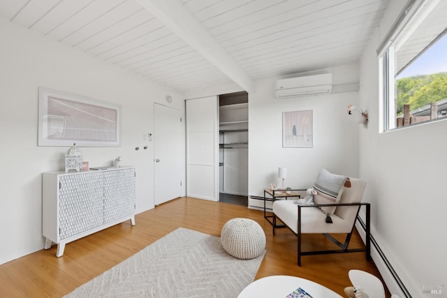 living area featuring wooden ceiling, a baseboard radiator, wood finished floors, beamed ceiling, and a wall mounted air conditioner