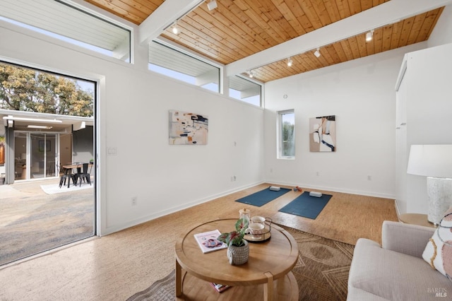 living room featuring wooden ceiling, beamed ceiling, and track lighting