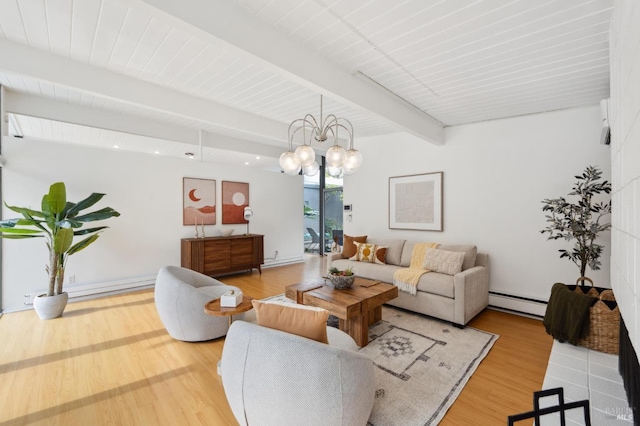 living room featuring a baseboard radiator, beamed ceiling, an inviting chandelier, and wood finished floors