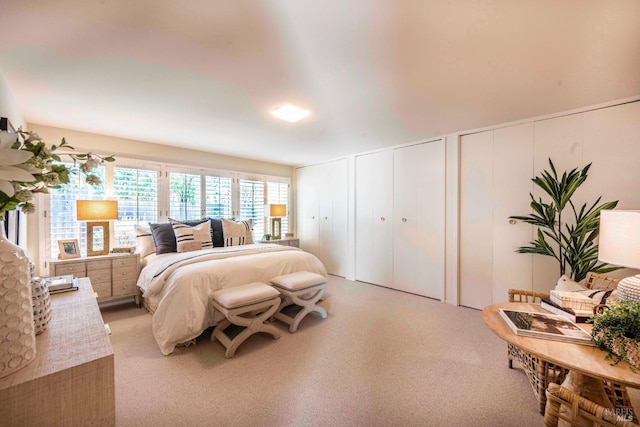 bedroom featuring a decorative wall, multiple closets, and light colored carpet