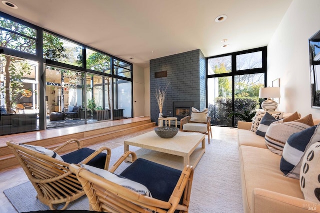 living area with a wall of windows, a healthy amount of sunlight, and a fireplace