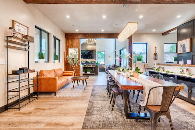 dining room with light wood-type flooring and recessed lighting