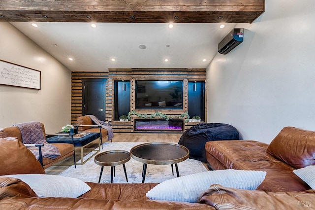 home theater room with light wood-type flooring, an AC wall unit, beam ceiling, and recessed lighting