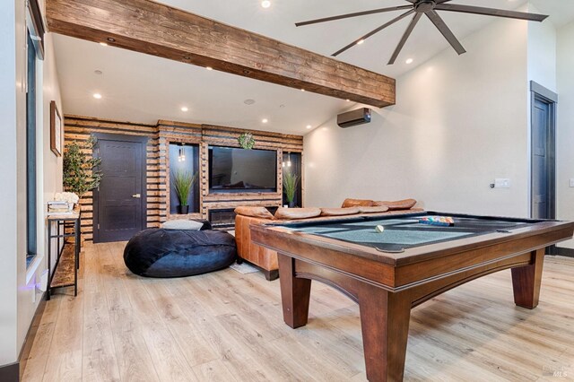 rec room with pool table, light wood-style flooring, beam ceiling, and recessed lighting