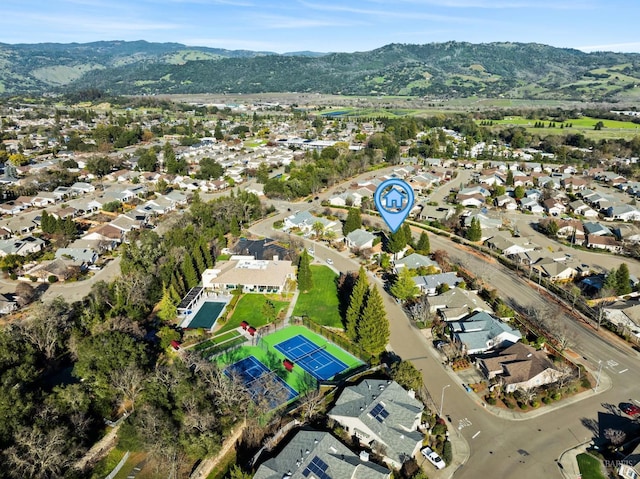 birds eye view of property featuring a residential view and a mountain view