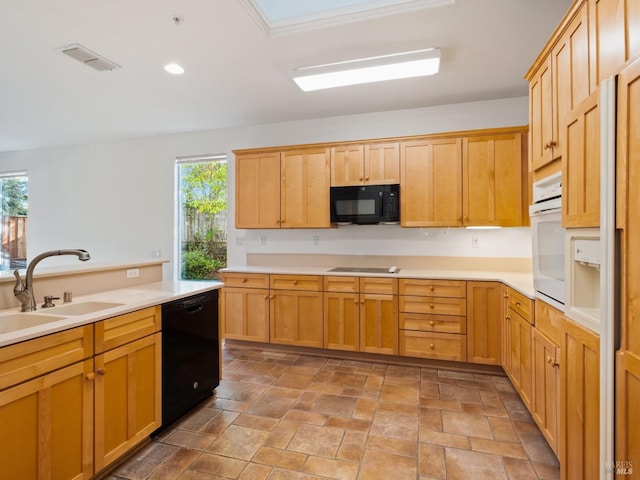 kitchen with a sink, visible vents, light countertops, black appliances, and stone finish floor