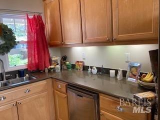 kitchen featuring plenty of natural light, stainless steel dishwasher, dark countertops, and a sink