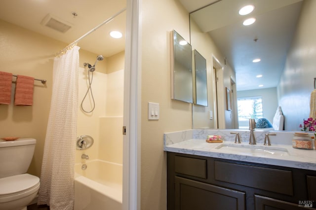 full bath with recessed lighting, visible vents, shower / bathtub combination with curtain, toilet, and vanity