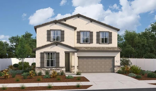 view of front of home with stone siding, fence, concrete driveway, and stucco siding