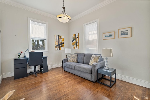 home office featuring ornamental molding, baseboards, and wood finished floors