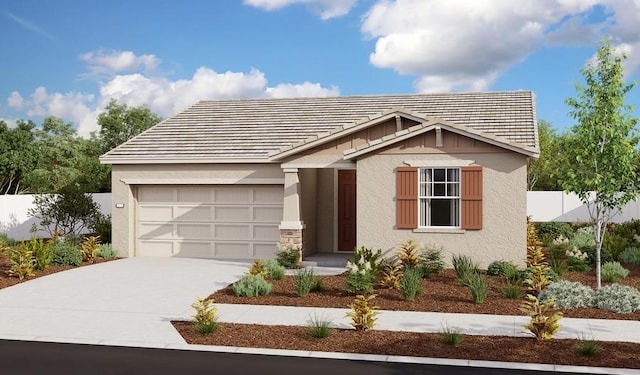 ranch-style home with fence, driveway, stucco siding, and a garage