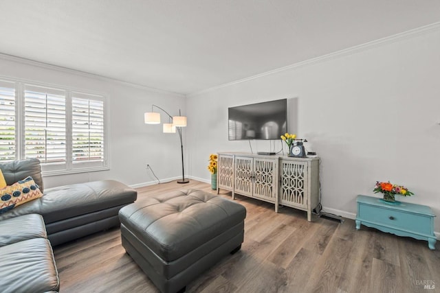 living area featuring baseboards, crown molding, and wood finished floors