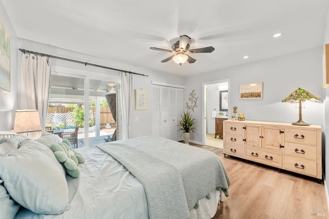 bedroom with ensuite bath, ceiling fan, access to outside, light wood-type flooring, and recessed lighting