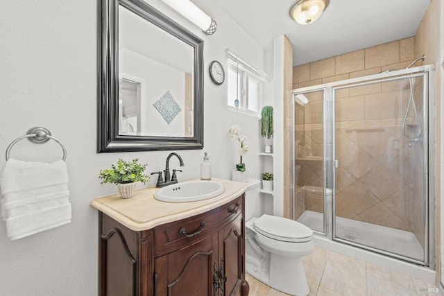 bathroom with tile patterned flooring, toilet, a shower stall, and vanity