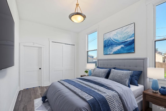 bedroom with a closet, multiple windows, baseboards, and wood finished floors