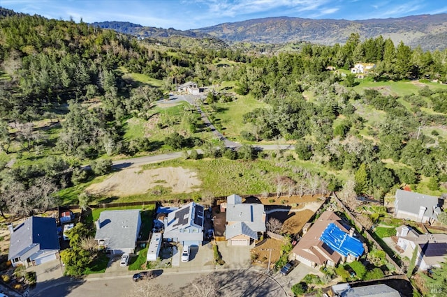 birds eye view of property with a residential view, a mountain view, and a view of trees