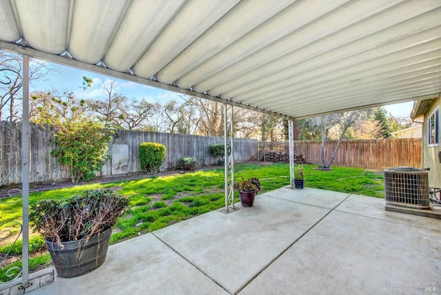 view of patio / terrace featuring a fenced backyard and central air condition unit