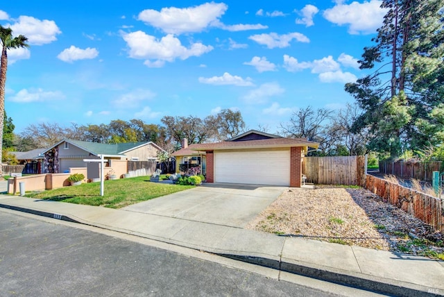 ranch-style house featuring brick siding, a front yard, fence, a garage, and driveway