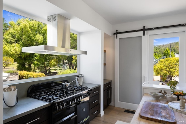 100 W Trinity Rd, Glen Ellen, CA 95442 - kitchen with wall chimney range hood, double oven range, light wood-style floors, a barn door, and plenty of natural light