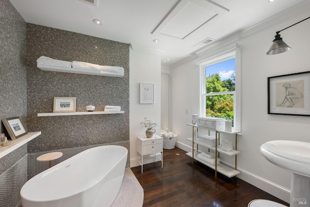 100 W Trinity Rd, Glen Ellen, CA 95442 - full bathroom with wood finished floors, a freestanding bath, baseboards, recessed lighting, and crown molding