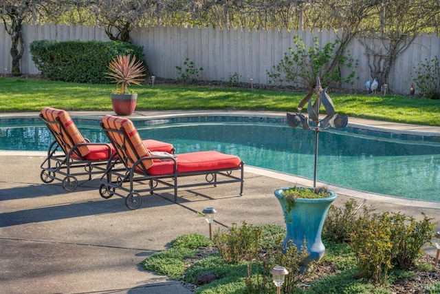 view of pool with a fenced in pool, a fenced backyard, and a yard