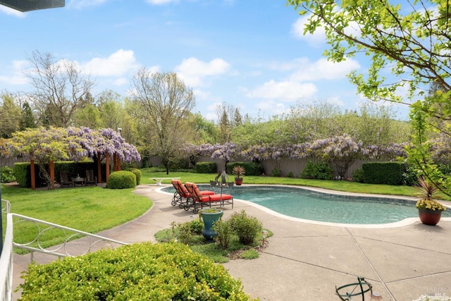 view of swimming pool featuring a fenced in pool, a fenced backyard, a yard, and a patio