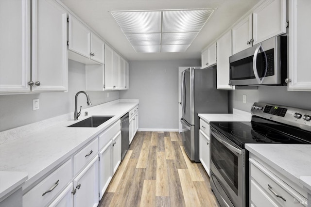 kitchen featuring appliances with stainless steel finishes, light wood-style floors, white cabinetry, a sink, and baseboards