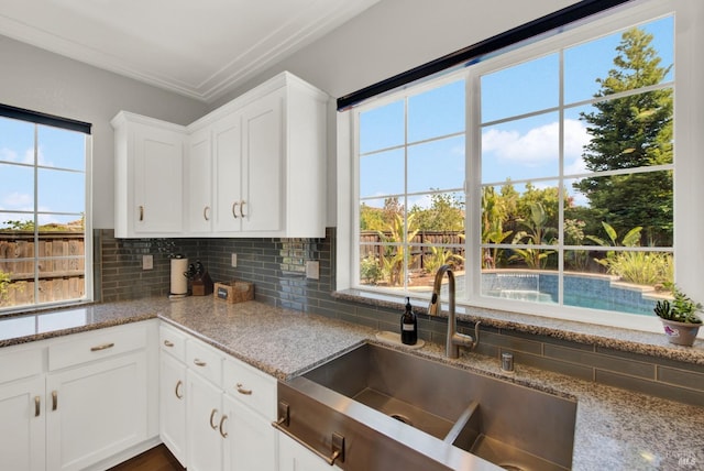 kitchen featuring light stone counters, a healthy amount of sunlight, a sink, and backsplash