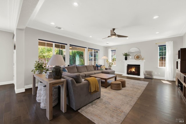 living area with dark wood-style flooring, a fireplace with flush hearth, visible vents, and baseboards