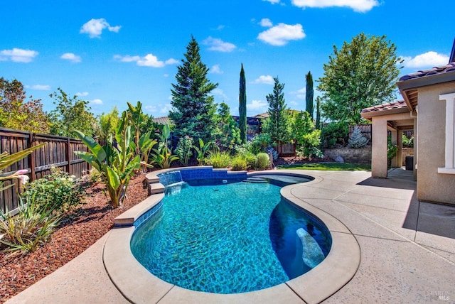 view of swimming pool with a fenced in pool, a patio area, and a fenced backyard